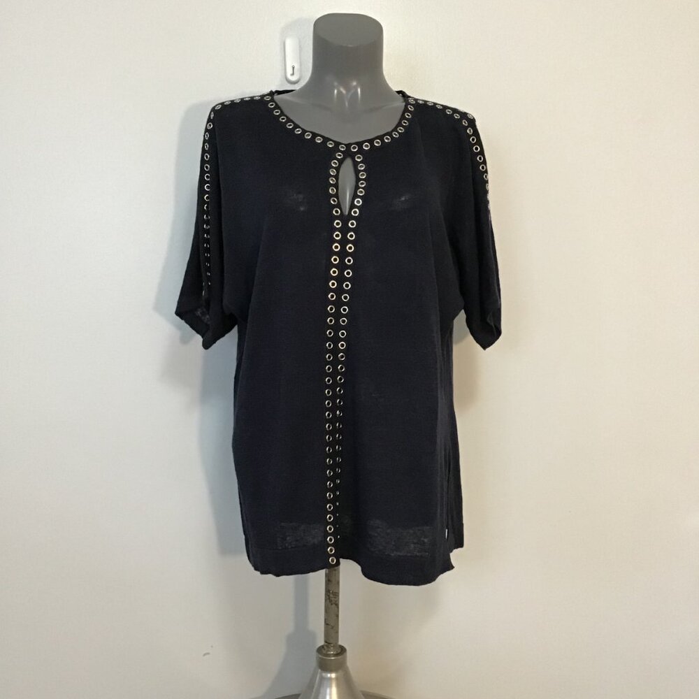 Lusso Navy Linen Short Sleeve Top with Grommet Detailing Size XL